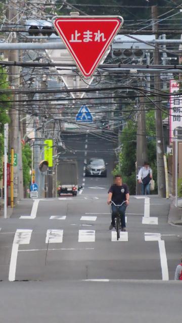 水道道路を望遠カメラで撮影して圧縮している
上部に「止まれ」標識を映し電線を多重に撮影することを
目的としている写真