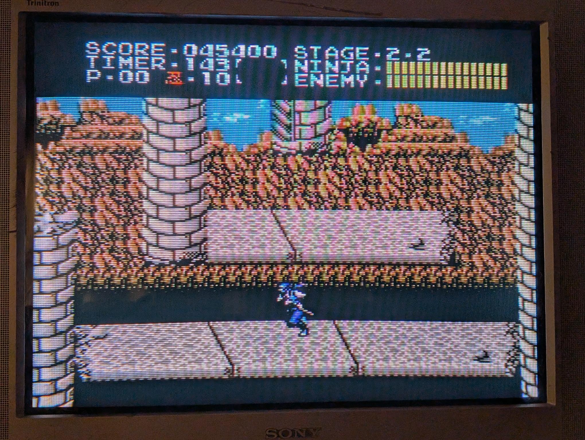 A screenshot of the gameplay from Ninja Gaiden, with Ryu running. A screenshot of the gameplay from Ninja Gaiden, with Ryu running.