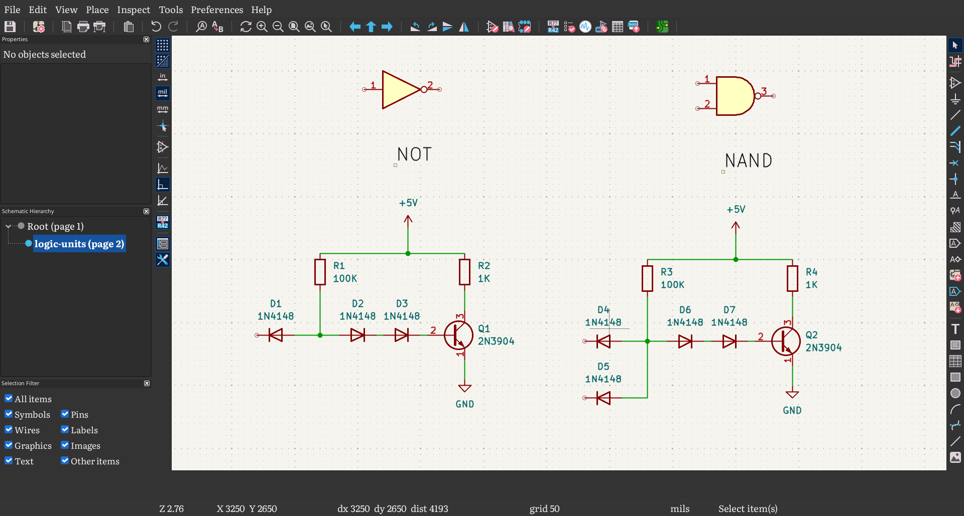 diode transistor logic. on the left a NOT gate, on the right a NAND gate with two inputs.