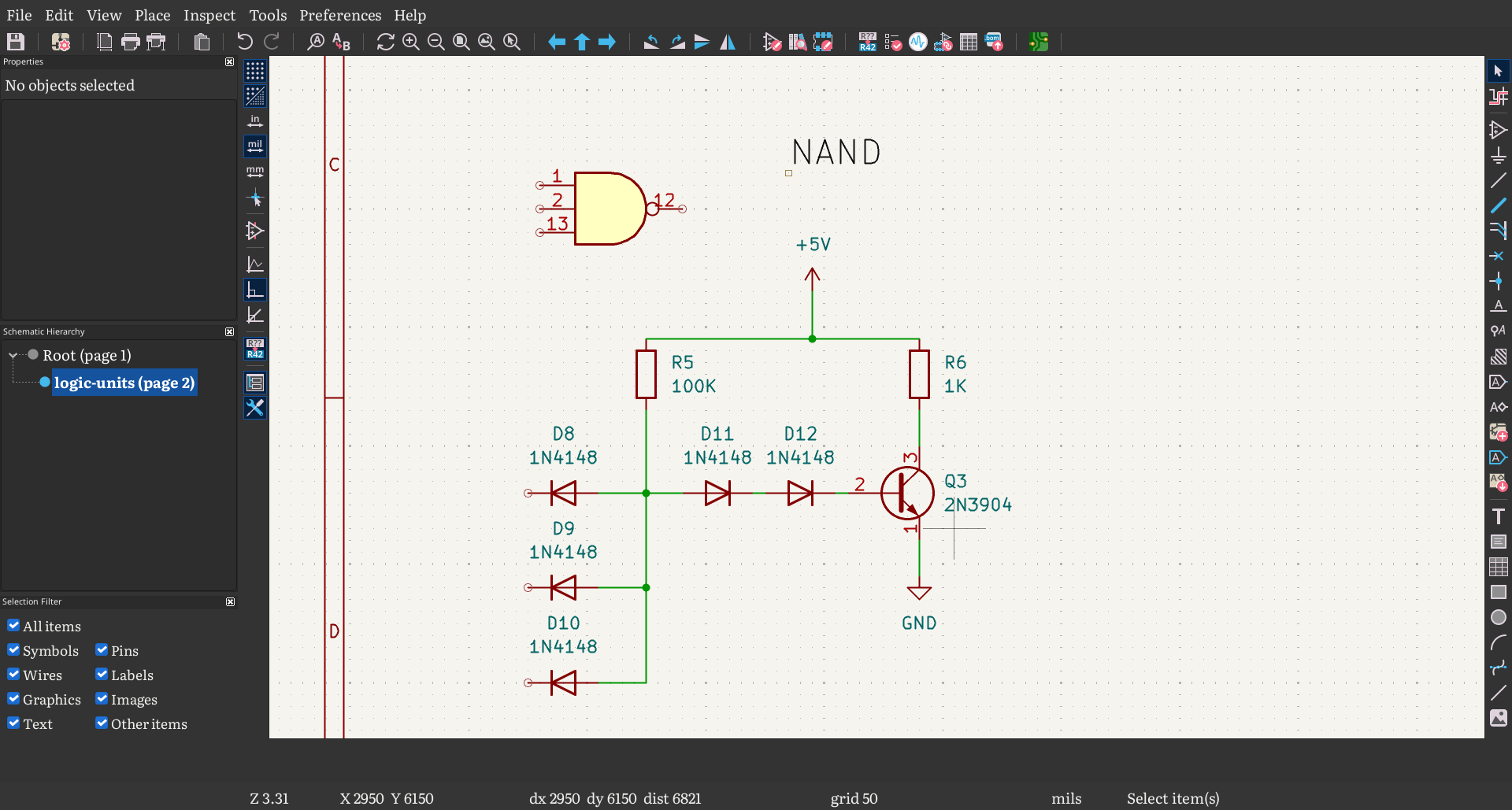 a three (3) input NAND gate made out of diode transistor logic.