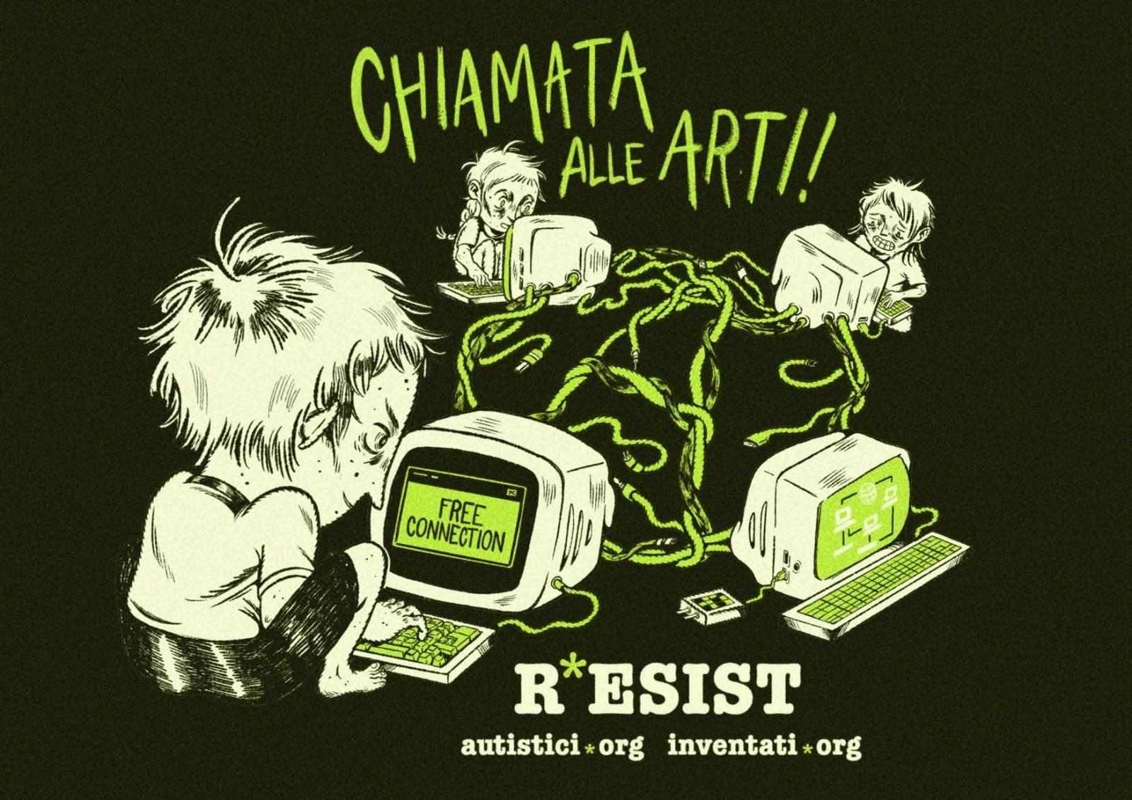 A punk illustration of hackers hacking and the name of the open call on top of it.