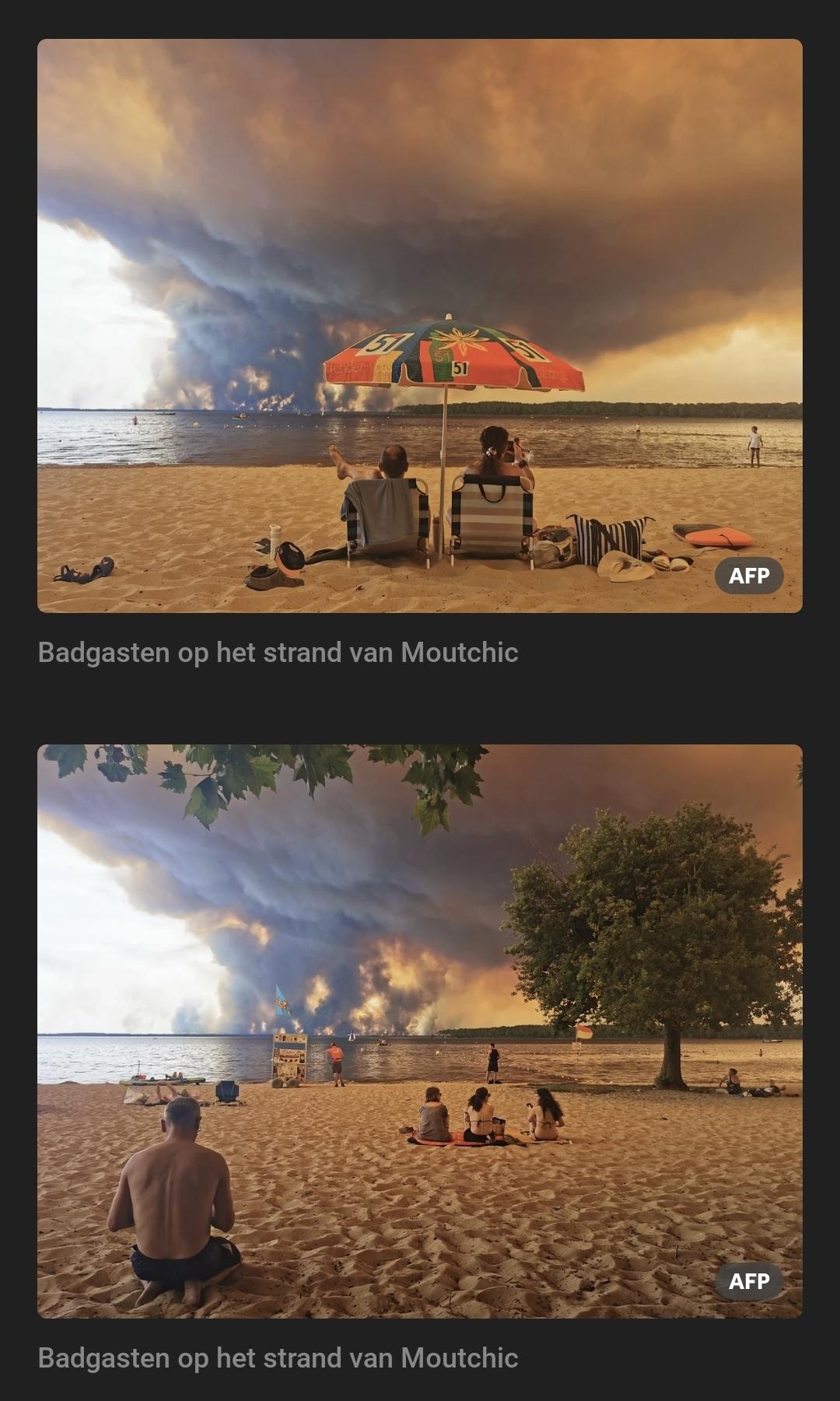 Two photos of people in beach clothes inder a parasol watching apocolyptic forest fires on the horizon