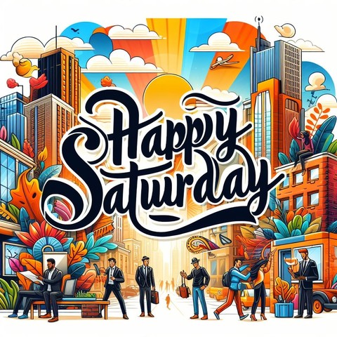 An AI generated image that says Happy Saturday in a thick black font. In the background you can see a cityscape with some people standing and sitting around. The image contains vibrant colors around the sun in the background.