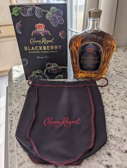 A photo I took of the new summer edition Crown Royal Blackberry. You can see the box, the bottle and the bag in the photo.