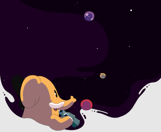 An image of a Mastodon sitting out in space. You can see some planets in various sizes and colors floating around.
