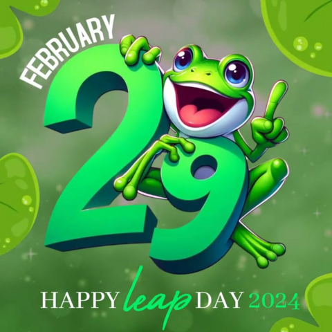 An image that shows February 29th and says happy leap day 2024 and has a smiling frog in the middle around the number 29. 