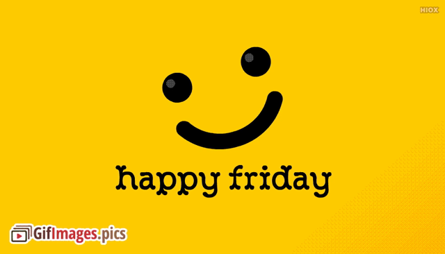 An image with a yellow background and the words happy Friday. There are random animated emojis that cycle through in the middle of the image.