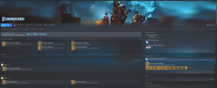 A screenshot I took of Enshrouded on Steam showing that I have 100% completed all 37 achievements in the game.