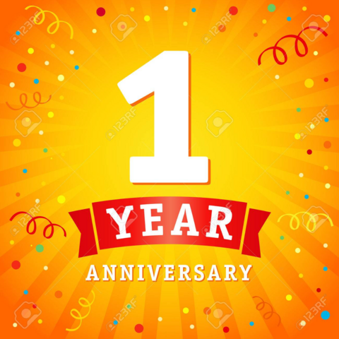 An image with a yellow and orange bright background that says 1 year anniversary. There's some graffiti like stuff around the edges of the image itself. 