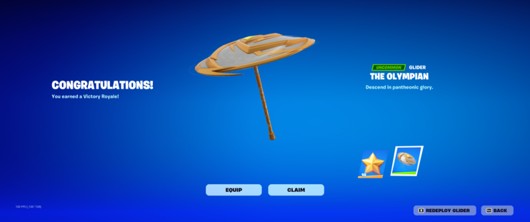 A screenshot showing off the winners umbrella in Fortnite that you get for winning your first game of the season.