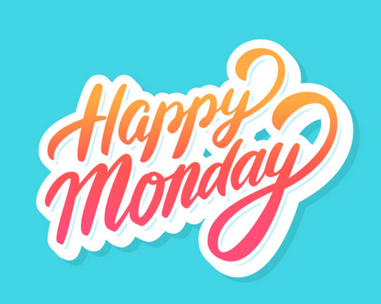 An image that says Happy Monday in a faded orange to red font with a turquoise background.