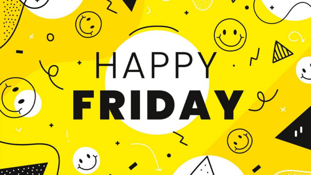 An image that says happy Friday in a black font. There is a yellow background with several smiley faces as well as various shapes and lines.