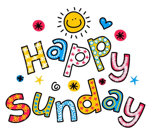 An image that says happy Sunday and each letter is a different color with a different pattern. There is a silly looking smiley face sun, a blue heart and some other characters around the image.