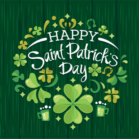 An image with a green background and a bunch of 4 leaf clovers all around it and the words happy St. Patrick's Day in a thin white font.