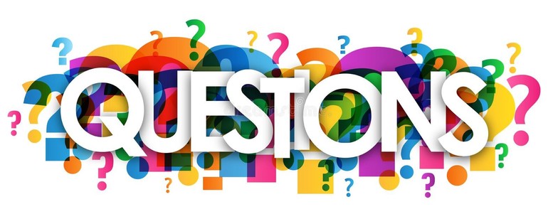 An image with a white background and a bunch of various colored question marks with the word questions in a white text.