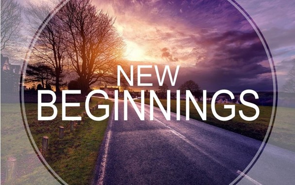 An image that says New Beginnings. You can see a sunset happening in the background with some trees, some houses, a road and other things.