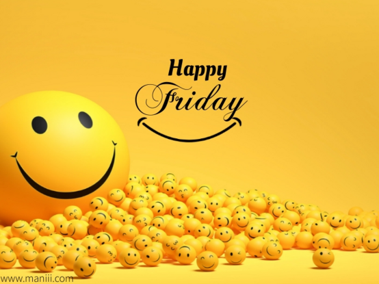An image that says happy Friday with numerous smiley faces laying on the bottom of the image with one really big smiley face to the left.
