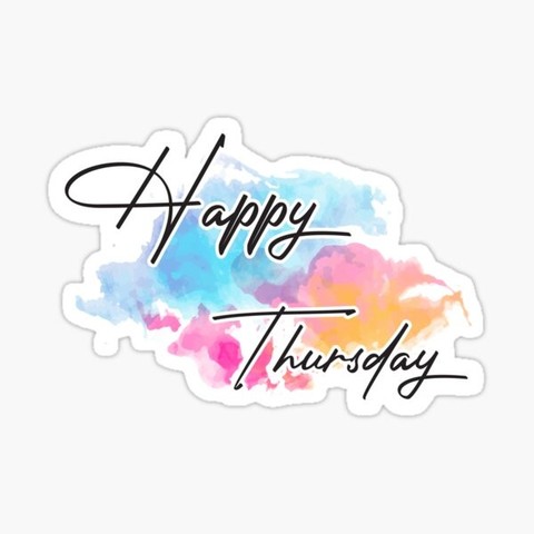 An image that has what appears to be a sticker that says Happy Thursday with some blue, pink and orange like clouds behind the words.