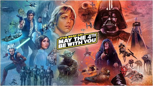 An image that says Star Wars Day: May The 4th Be With You and the background has all sorts of the Star Wars characters and space ships.