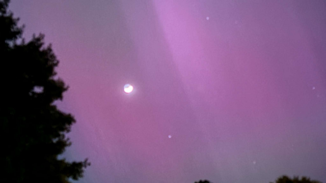 A photo my wife took of the Northern Lights that we saw last night here in Winston Salem, NC.

You can see the moon as well as some pink and purple clouds due to the lights.