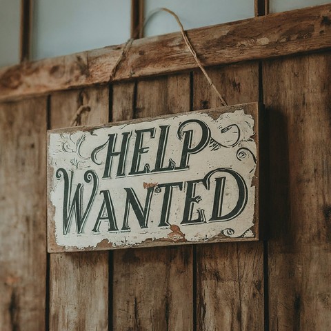 An image of a wooden sign that says help wanted and it's hanging on what appears to be a wooden wall.