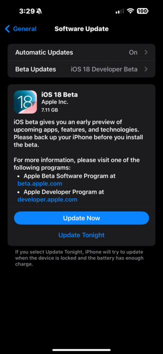 A screenshot of the iOS 18 Developer Beta update that installed on my iPhone 15 Pro Max.