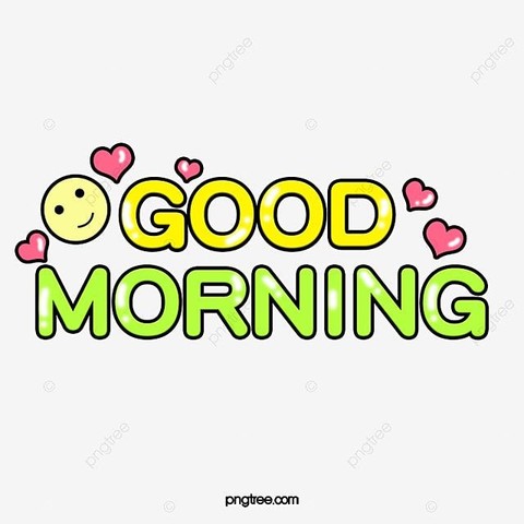An image that says good morning. The word good is in yellow and the word morning is in green. There are 5 red hearts around the words as well as a yellow smiley face emoji.