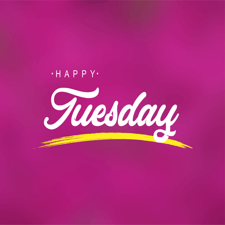 An image with a purple background that says Happy Tuesday in a white font with a yellow curved line below it.