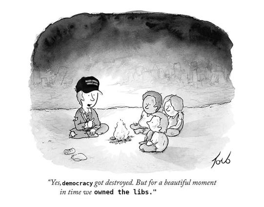 La famosa viñeta del NYT de "yes the planet got destroyed" modificada, en la cual se ve a un hombre con el traje roto y una gorra MAGA frente a una hoguera entre las ruinas de una ciudad diciéndole a unos niños "yes, democracy got destroyed, but for a beautiful moment in time we owned the libs"
