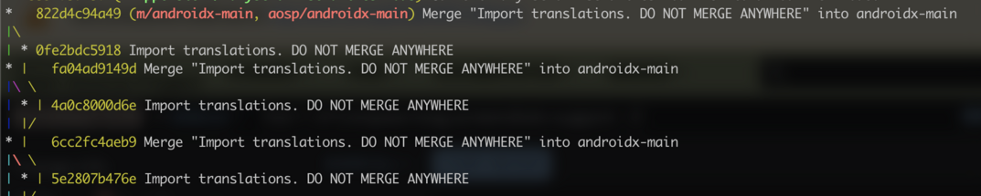 Screenshot of a git log graph showing a bunch of commits labeled "Import translations. DO NOT MERGE ANYWHERE"