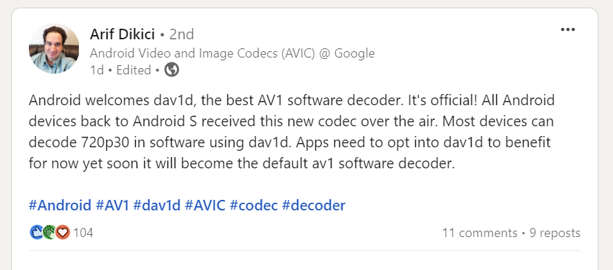 Attached: 1 image  Google confirms that Android is switching to VideoLAN's libdav1d decoder for AV1 video playback!   I first reported back in Feb