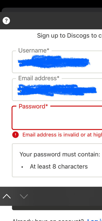 Screenshot of discogs signup form. The password field is red with a validation message about the email address being high risk