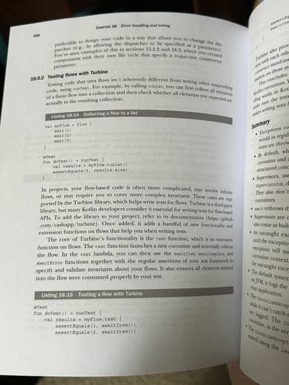 Page of a book with a title part way down the page reading “Testing flows with Turbine”