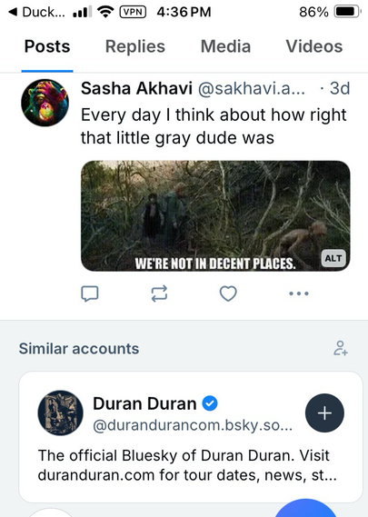 Screencap of my account feed on Bluesky with a Similar Accounts callout from the app showing Duran Duran’s account