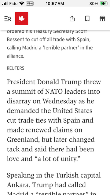 First paragraph from Globe & Mail article reading in part “President Donald Trump threw a summit of NATO leaders into disarray on Wednesday as he demanded the United States cut trade ties with Spain and made renewed claims on Greenland”
