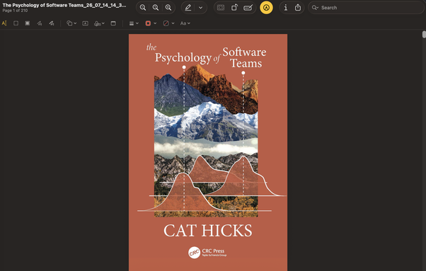 pdf reader showing cover of Cat Hicks' The Psychology of Software Teams book