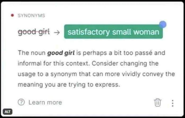 AI-suggested revision for the phrase “Good girl” — “Satisfactory small woman”