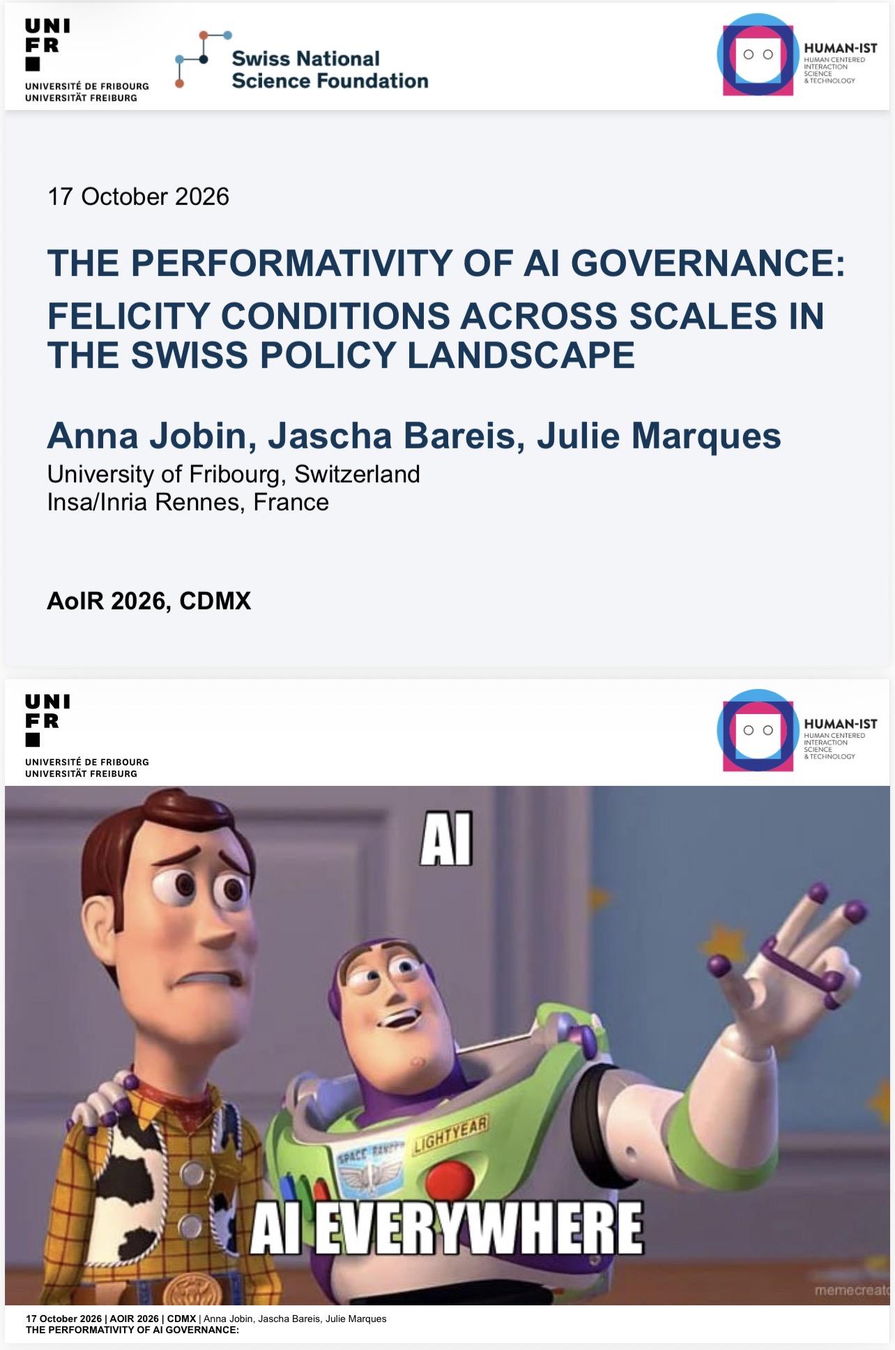 Screenshot of two slides, the first a title slide “The performativity of AI Governance”, the second one the meme of Buzz Lightyear telling Woody “AI, AI everywhere”