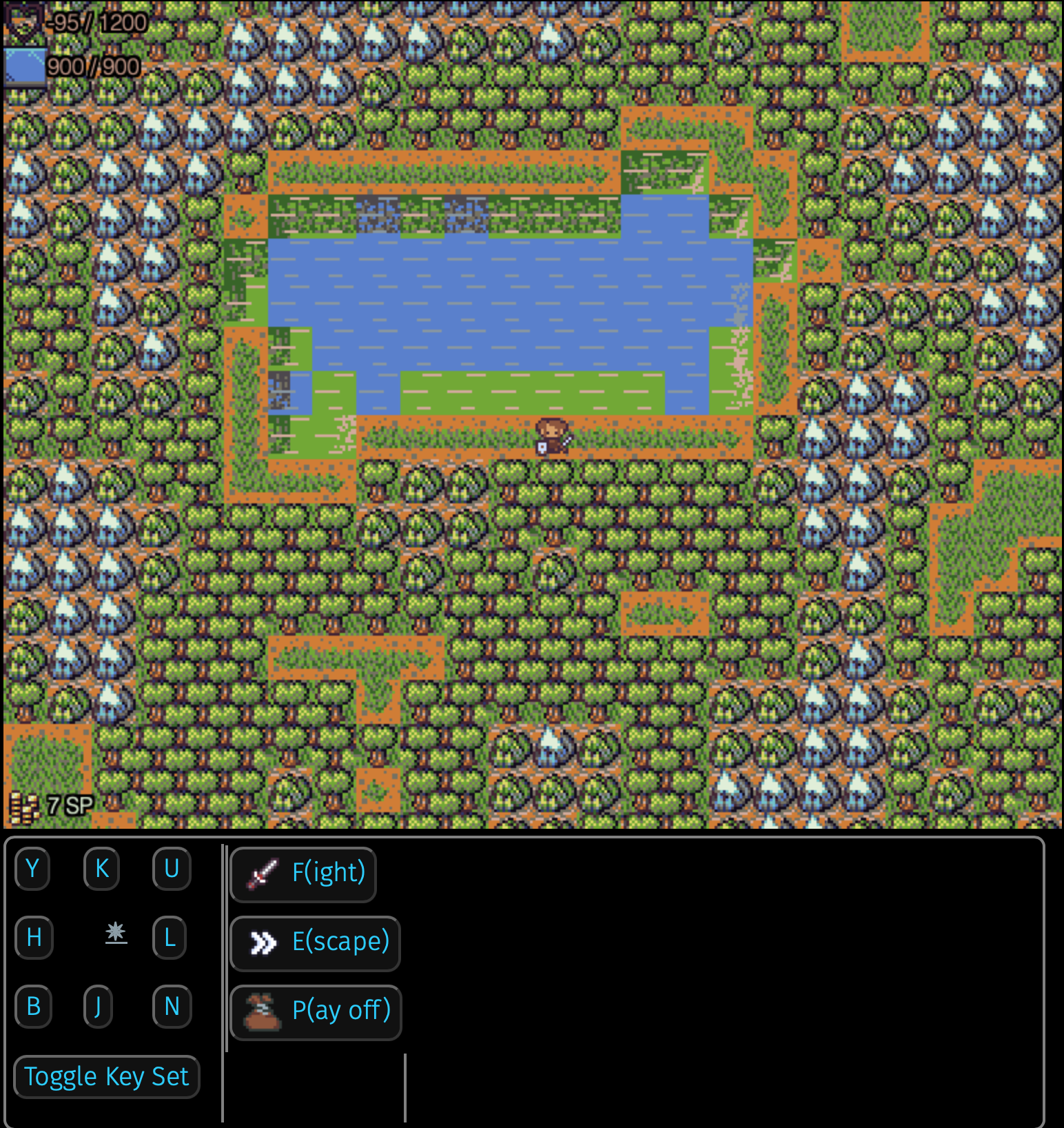 little guy standing below a tile graphics lake in a tile graphics forest, roguelike keys. little guy standing below a tile graphics lake in a tile graphics forest, roguelike keys.