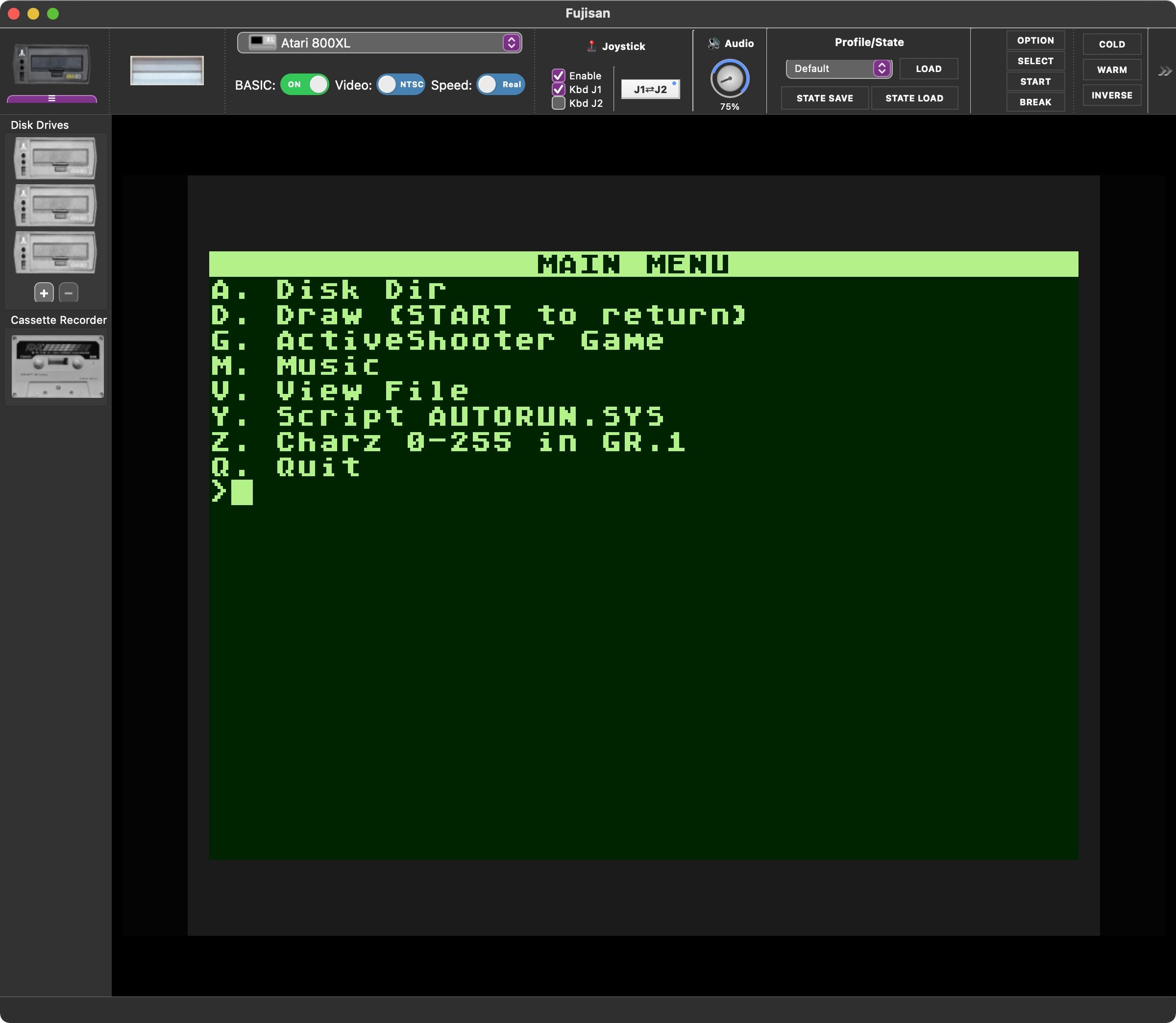 Emulator shell with a lot of fiddly controls, over Atari BASIC running:

MAIN MENU
A. Disk Dir
D. Draw
G. ActiveShooter Game
M. Music
V. View File
Y. Script AUTORUN.SYS
Z. Charz 0-255 in GR.1
Q. Quit
>