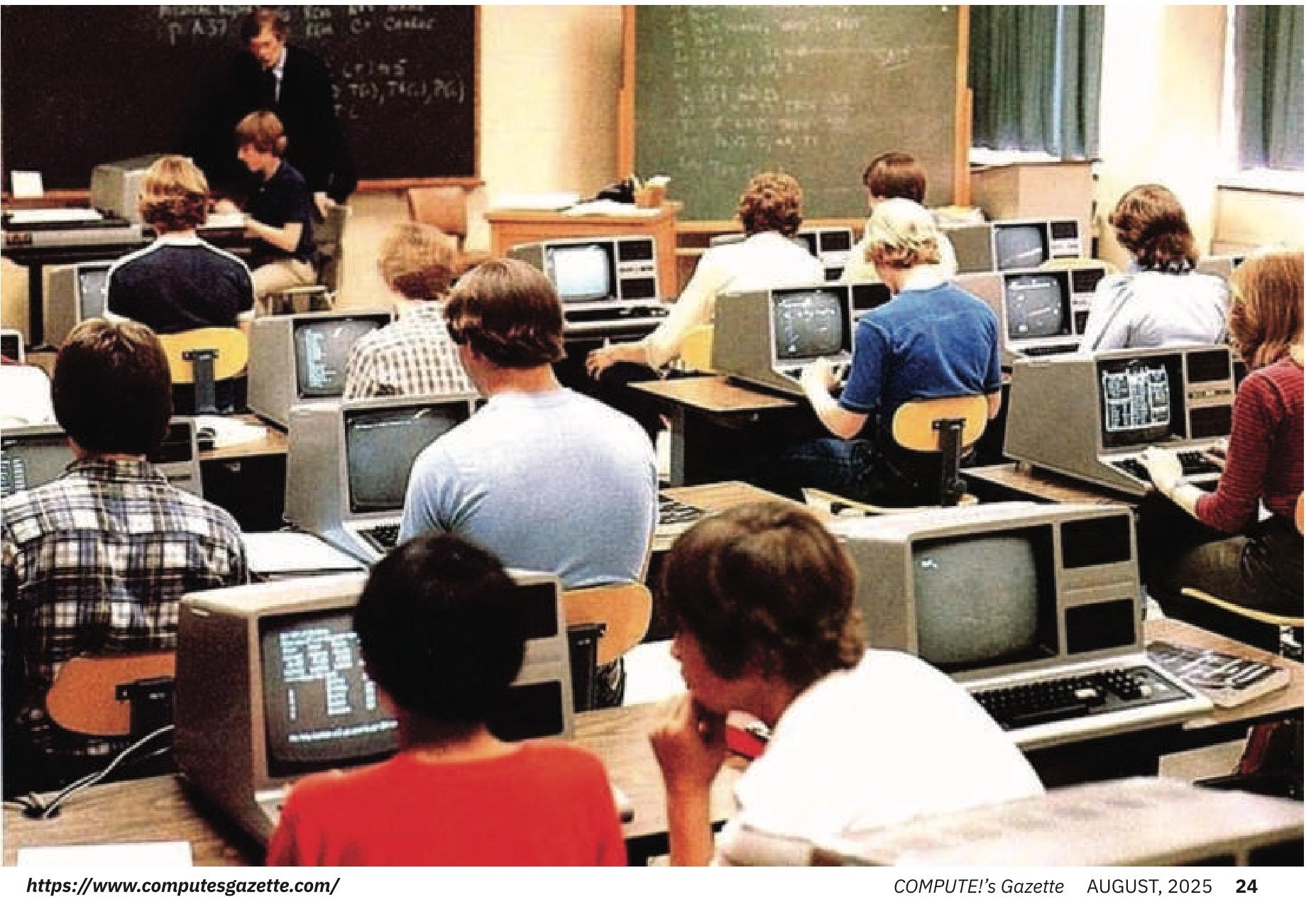 Classroom full of TRS-80 Model IIIs, students with very '80s haircuts, mostly boys but a couple girls.
Can't quite make out the chalkboard writing, but it has the format of BASIC.