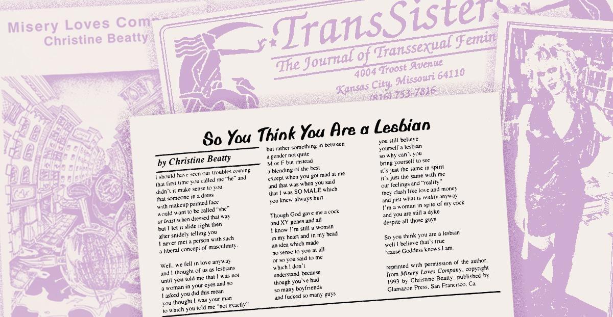 Vignette de l'article. Au premier plan, le poème "So You Think You Are A Lesbian". Au second plan, une photo de Christine Beatty, l'autrice, un bout d'une couverture de TransSisters et la couverture de "Misery Love Compagny" le recueil dont le poème est issu.