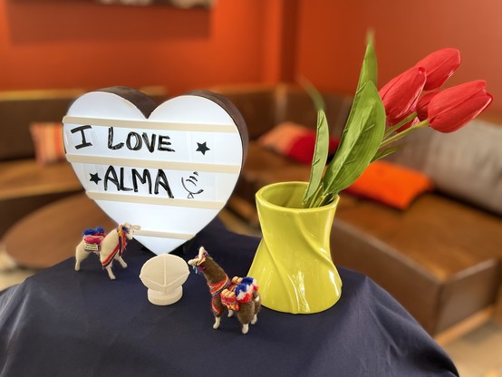 Closeup to the arrangement for the celebration with a white heart with the inscription “I love ALMA”, and a couple of stars and an antenna drawn in it.

Below the heart a donkey and a llama are next to a 3D printed ALMA antenna. To the right, a yellow-green vase has some flowers in it.