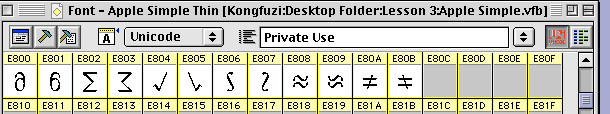 Snapshot of one of the font tools showing a MacOS 9 platinum window with title Font - Apple Simple Thin [Kongfuzi:Desktop Folder:Lesson 3:Apple Simple.vfb]. A drop down menu is set to Unicode, and another dropdown for a section called Private Use is show.

Then several boxes with and without glyphs are shown, from E800 to E80F (in hexadecimal), and a second row just with headers from E810 to E81F (also hexadecimal). Those correspond to the first entry in the Unicode Private Use area.

The mappi…