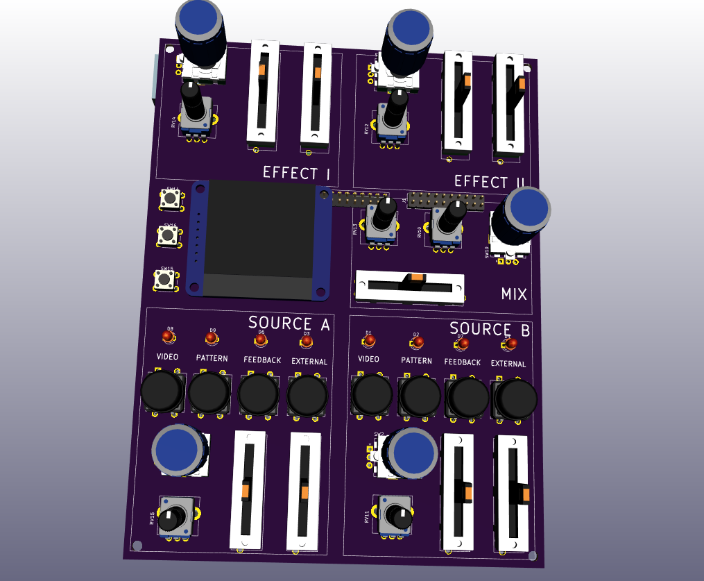 a 3d rendered view of the NEO_RECUR video instrument showing pots, sliders, encoders, buttons and lcd display