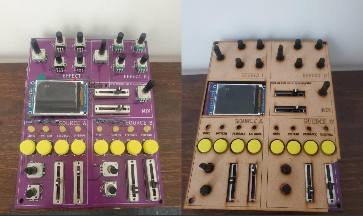 side by side images of the NEO_RECUR video instrument with and without front-panel - showing pots, sliders, encoders, buttons and lcd display