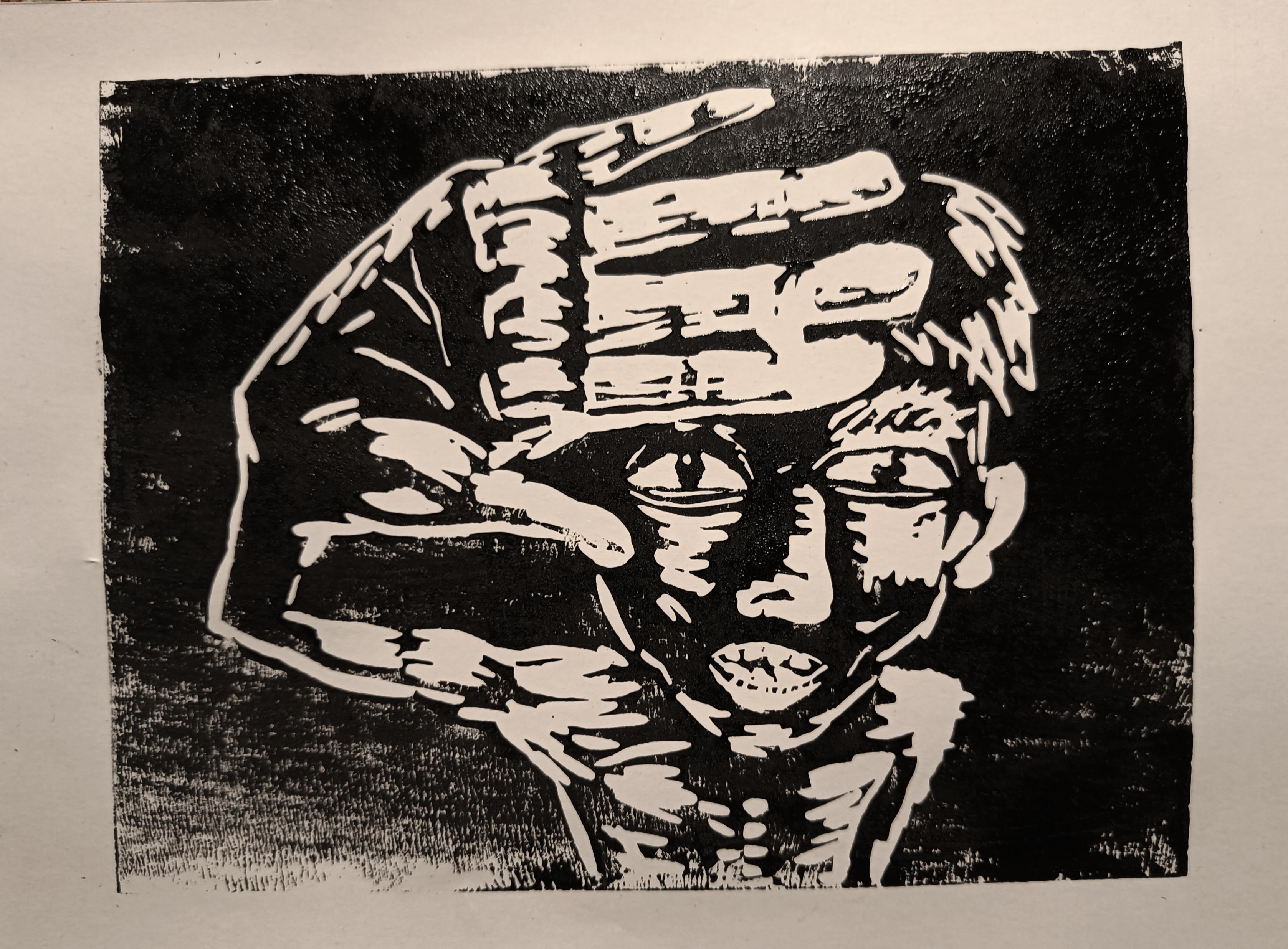 black and white print of dude looking up at you blocking the light from his eyes