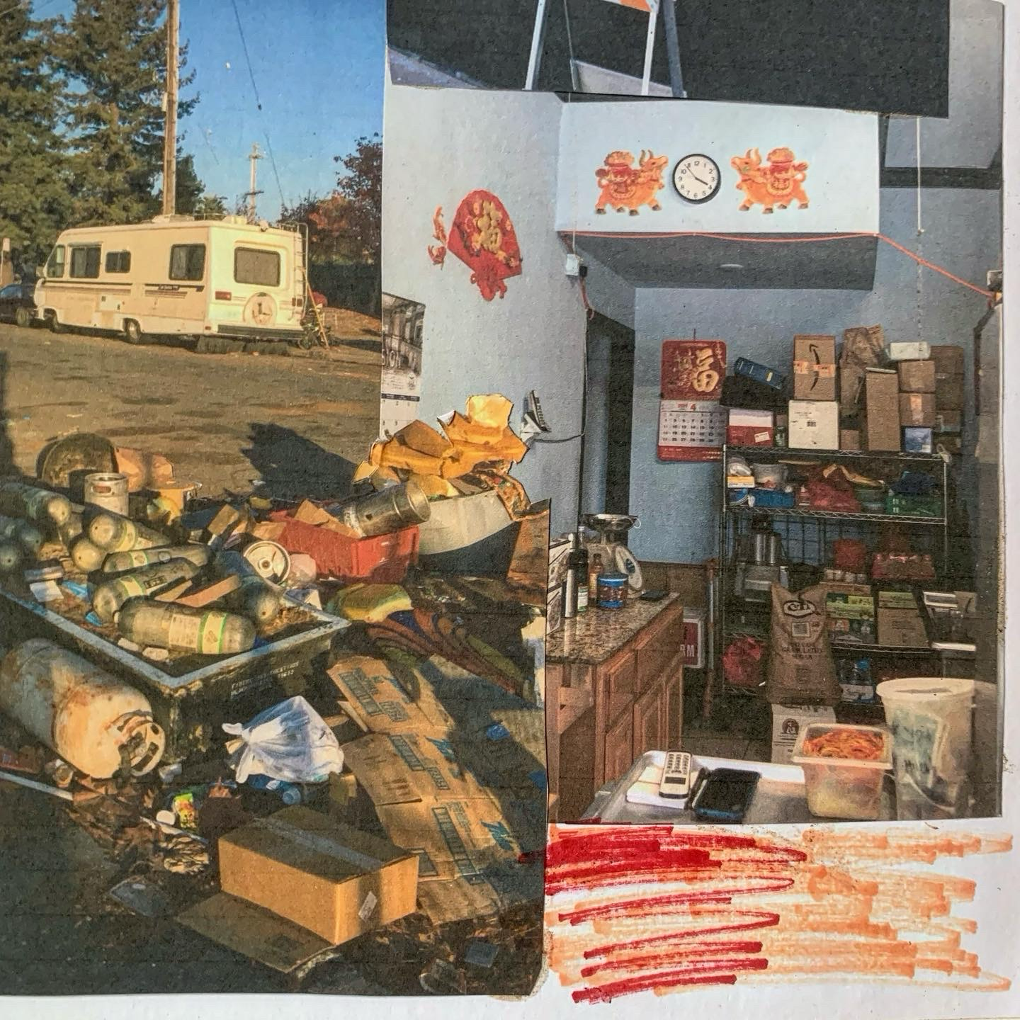 Collage page with red and orange marker streaks in the bottom right corner. The images collaged are the inside of a bahn mi shop in the Tenderloin, an old RV, and some metal cylindrical containers of various kinds