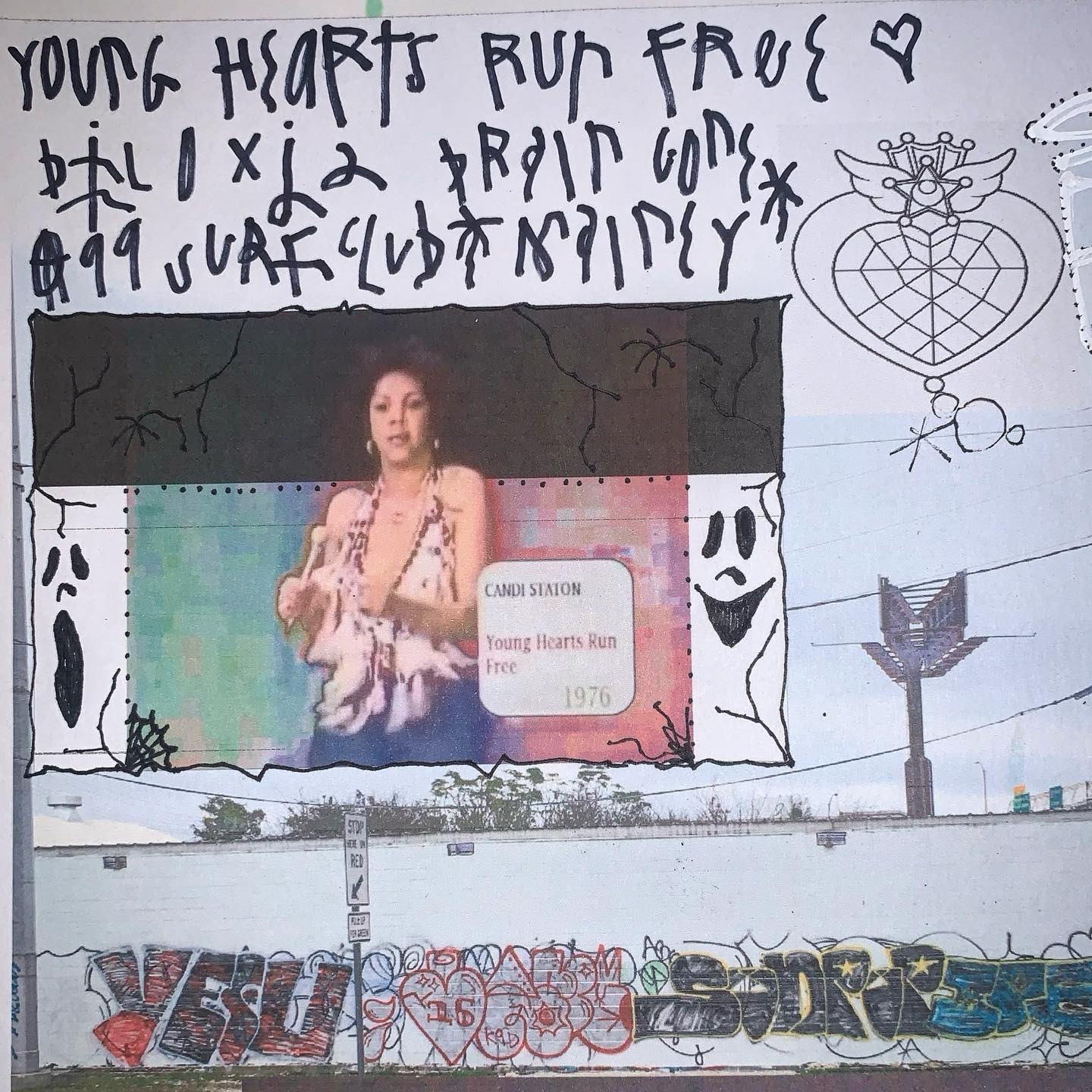 Collaged page. An image of Candi Stanton's Young Heart Run Free music video is printed, glued, and drawn on. There is some text above it in a scratchy handstyle. The is some graffiti on a long wall that lines the bottom of the image