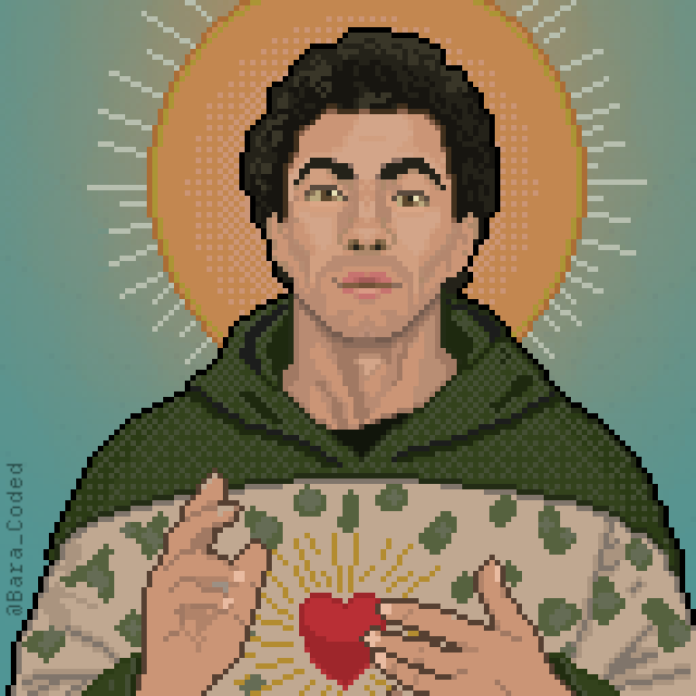 A pixel art portrait of Luigi Mangione as a saint, as seen on the internet meme A pixel art portrait of Luigi Mangione as a saint, as seen on the internet meme